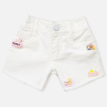 Load image into Gallery viewer, White Brooch Embellished Raw Hem Shorts
