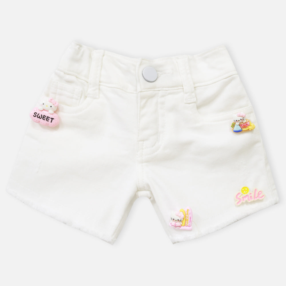 White Brooch Embellished Raw Hem Shorts