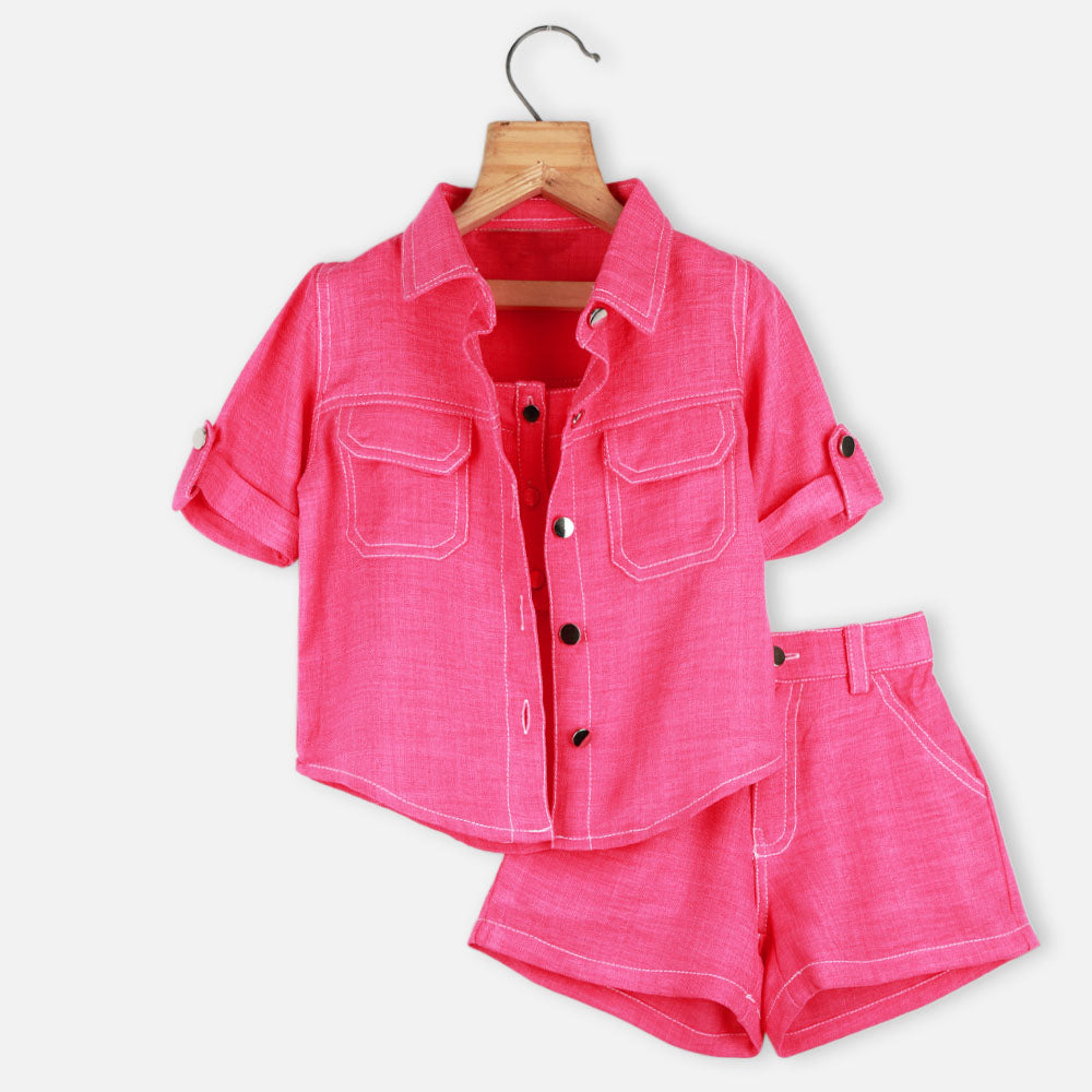 Pink Shirt With Smocked Crop Top & Short Co-Ord Set