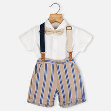 Load image into Gallery viewer, White Shirt &amp; Beige Striped Shorts With Suspender Set
