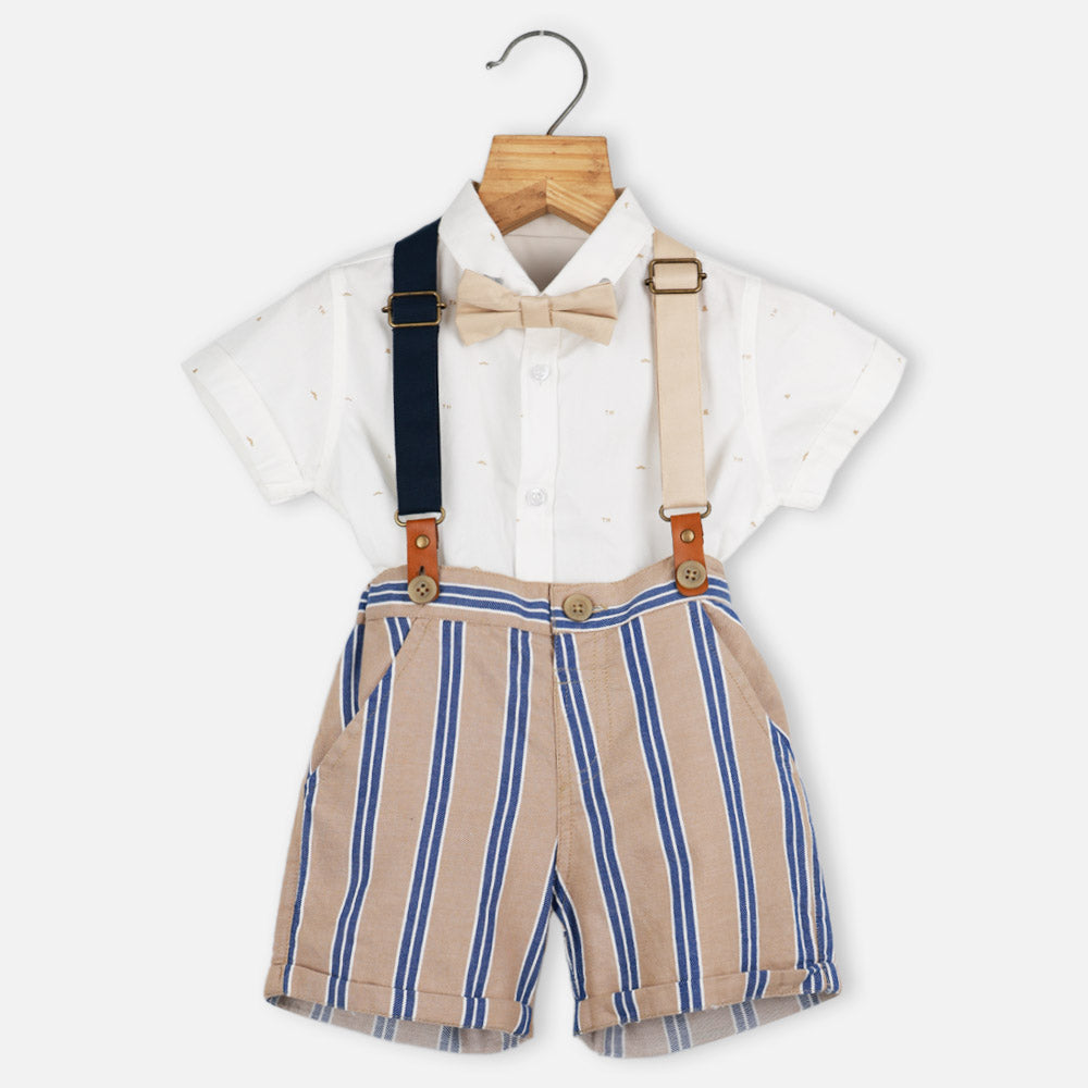 White Shirt & Beige Striped Shorts With Suspender Set