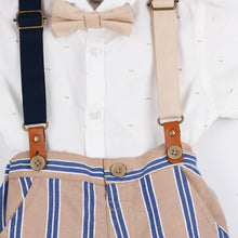 Load image into Gallery viewer, White Shirt &amp; Beige Striped Shorts With Suspender Set
