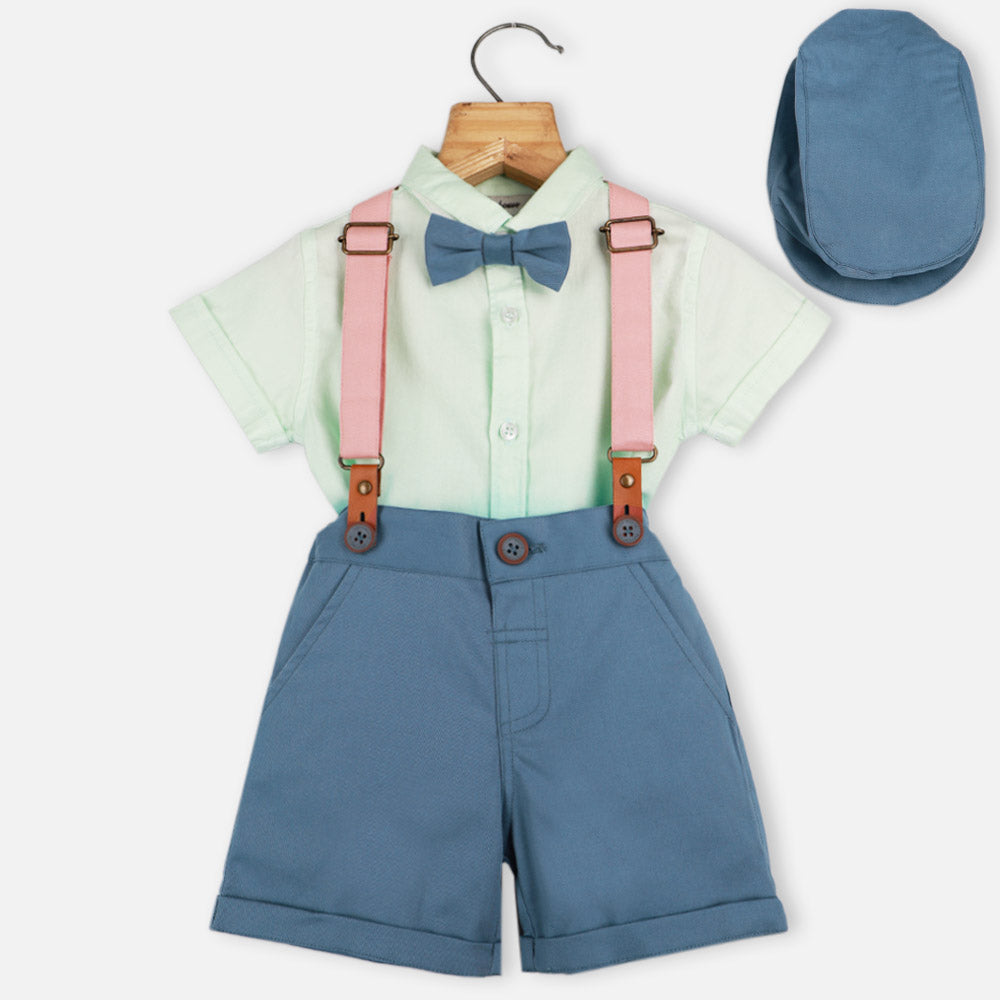 Green Shirt & Blue Shorts With Suspender Set And Flap Cap