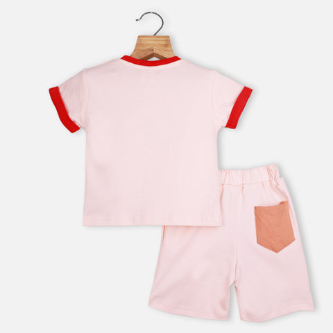 Pink T-Shirt With Colorblock Shorts Co-Ord Set