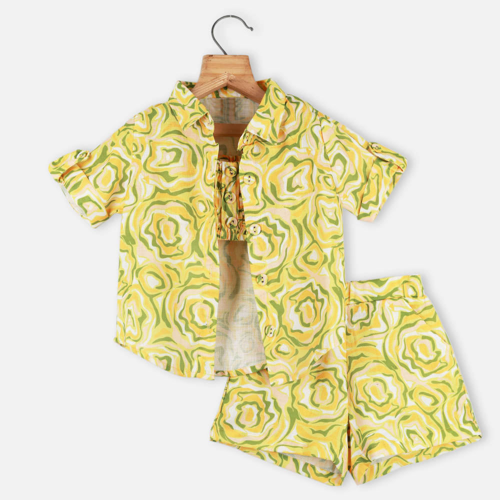 Yellow Shirt With Smocked Crop Top & Short Co-Ord Set