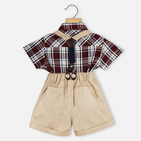 Checked Printed Shirt & Beige Shorts With Suspender Set