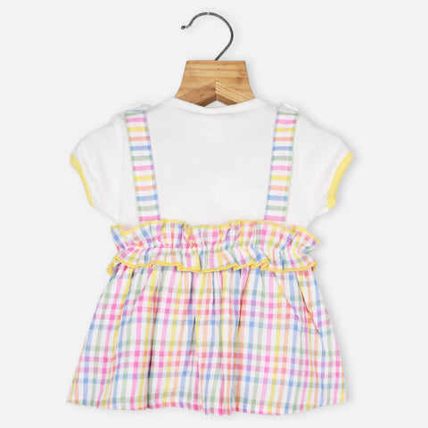 Colorful Checked Dungaree Dress With Attached T-Shirt