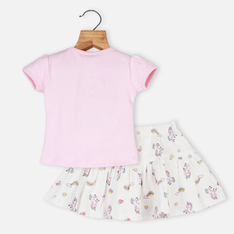 Pink Embroidered Top With White Unicorn Skirt