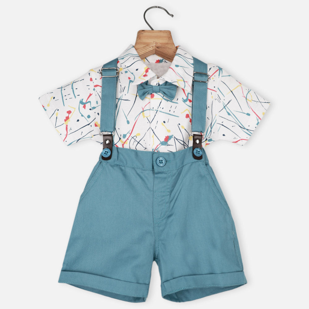 White Abstarct Printed T-Shirt & Shorts With Suspender Set