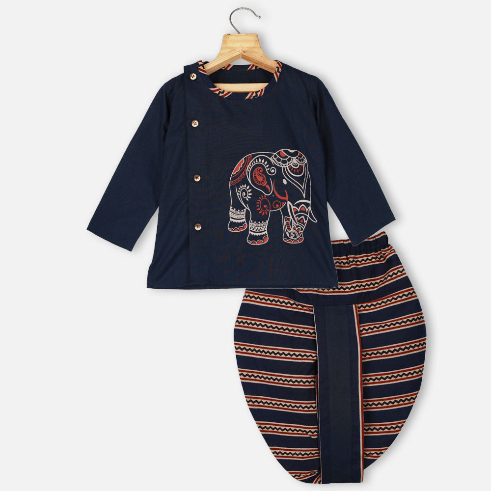 Navy Blue Elephant Theme Cotton Kurta With Dhoti