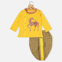 Load image into Gallery viewer, Yellow Animal Theme Cotton Kurta With Checked Dhoti
