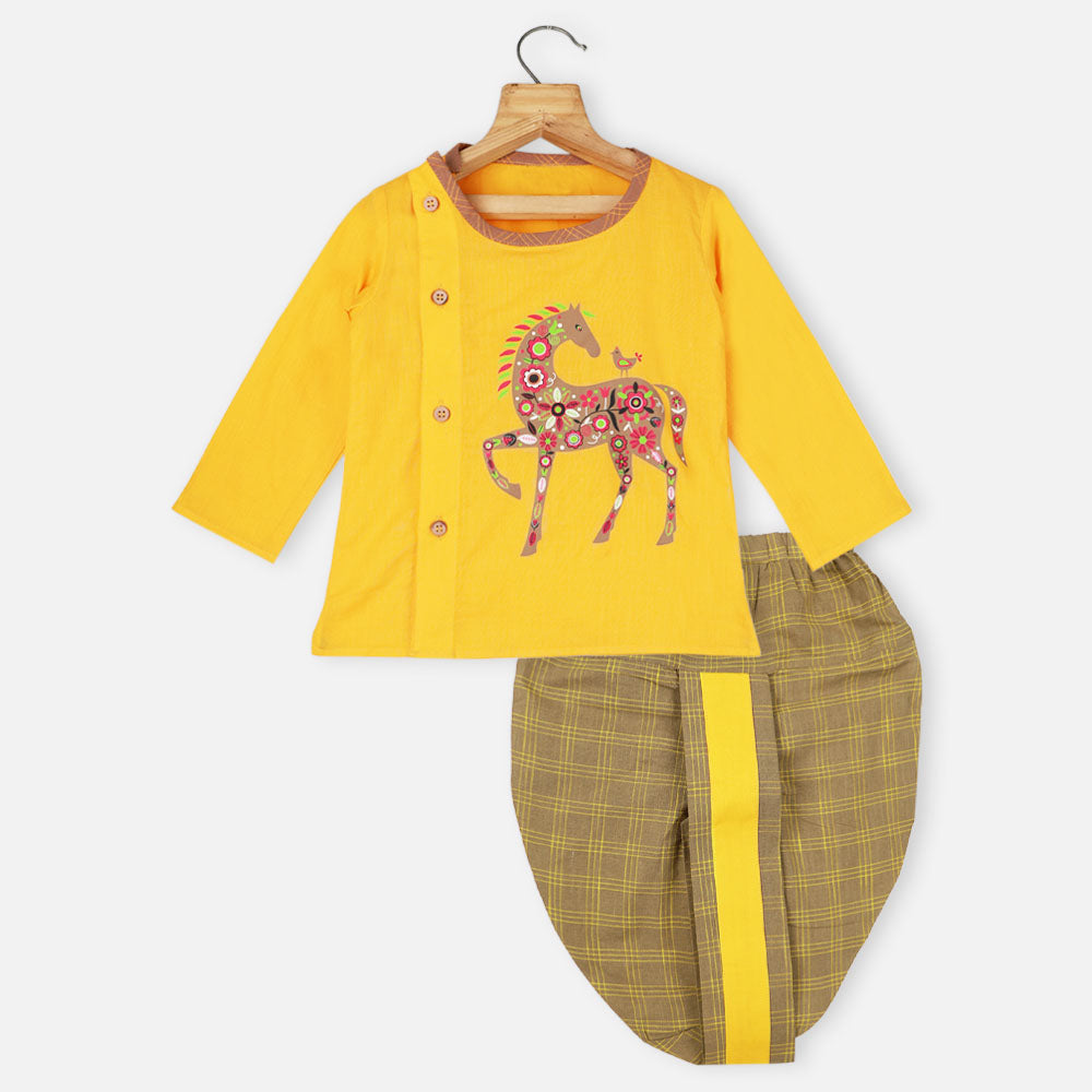 Yellow Animal Theme Cotton Kurta With Checked Dhoti