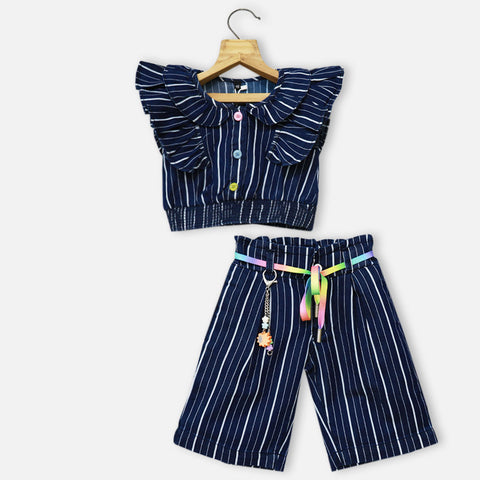 Striped Crop Top With Wide Legs Pants- Light & Dark Blue