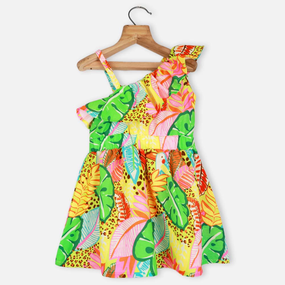 Green Tropical Printed One Shoulder Dress