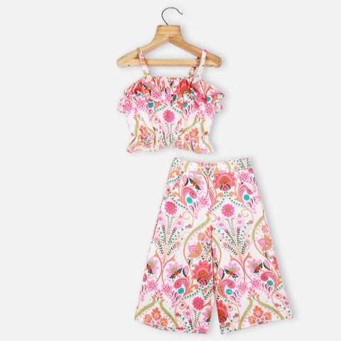 Pink & Blue Floral Printed Crop Top With Wide Leg Pants Co-Ord Set