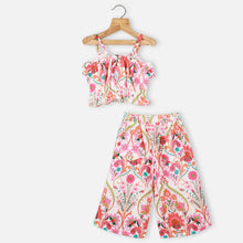 Load image into Gallery viewer, Pink &amp; Blue Floral Printed Crop Top With Wide Leg Pants Co-Ord Set
