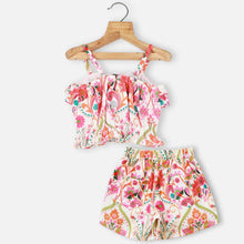 Load image into Gallery viewer, Pink Floral Printed Crop Top With Shorts Co-Ord Set
