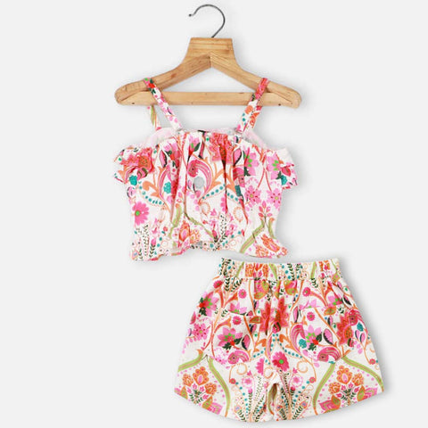 Pink Floral Printed Crop Top With Shorts Co-Ord Set