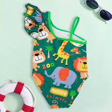 Load image into Gallery viewer, Green Animal Theme One Shoulder Swim Dress
