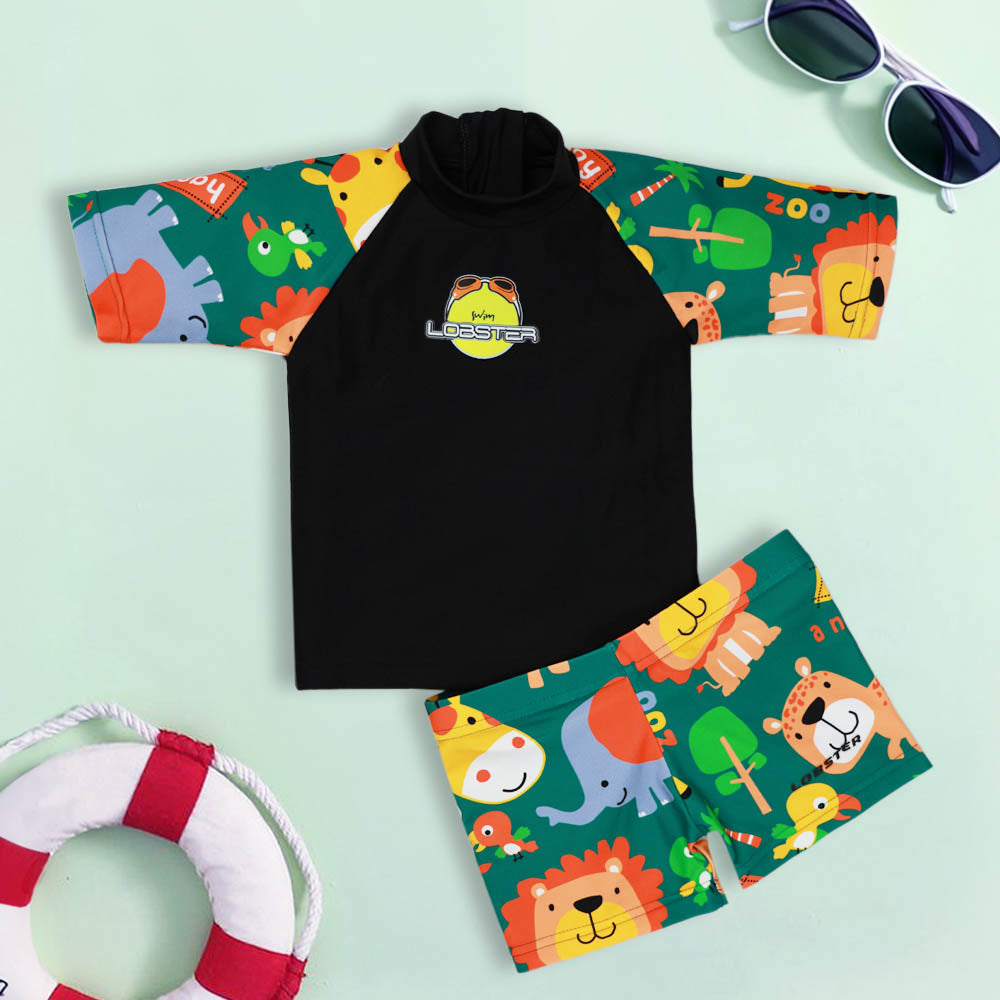 Black Forest Theme T-Shirt With Green Short Swimwear Set