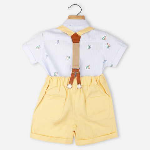 Blue Striped Shirt & Yellow Shorts With Suspender Set