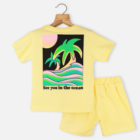 Yellow Beach Theme T-Shirt With Shorts Co-Ord Set