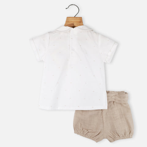 White Shorts Sleeves T-Shirt With Cotton Beige Shorts