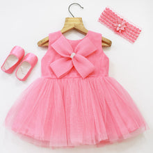 Load image into Gallery viewer, Pink Bow Embellished Party Dress With Booties &amp; Headband
