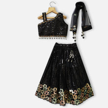 Load image into Gallery viewer, Black Sequins One Shoulder Choli With Lehenga &amp; Dupatta
