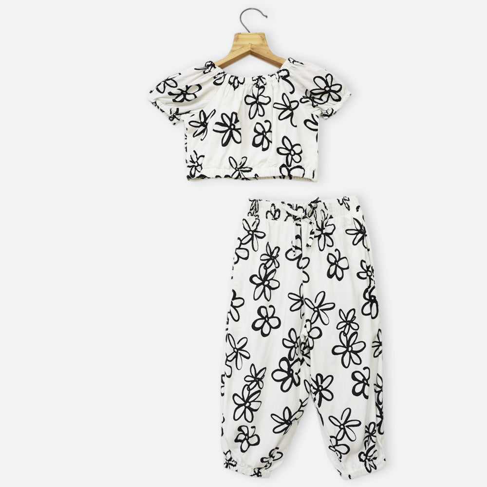 Ivory Floral Crop Top With Bottom Co-Ord Set