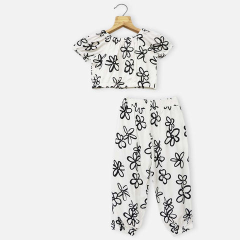 Ivory Floral Crop Top With Bottom Co-Ord Set