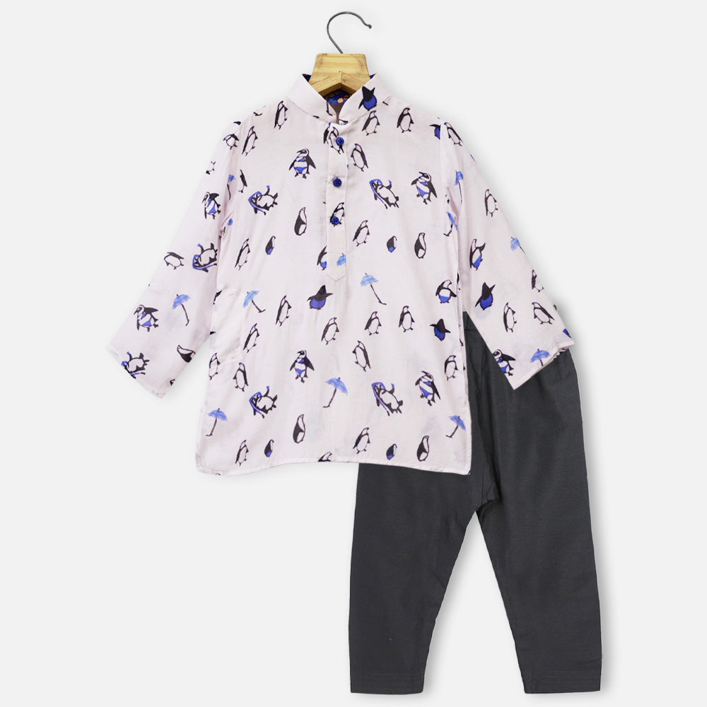 Pastel Penguin Theme Kurta With Black Pajama