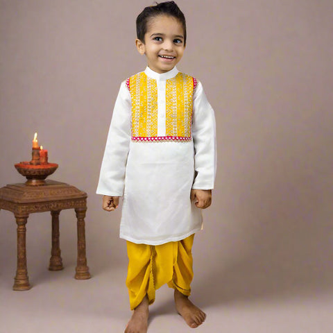 Ivory Embroidered Kurta With Mustard Dhoti