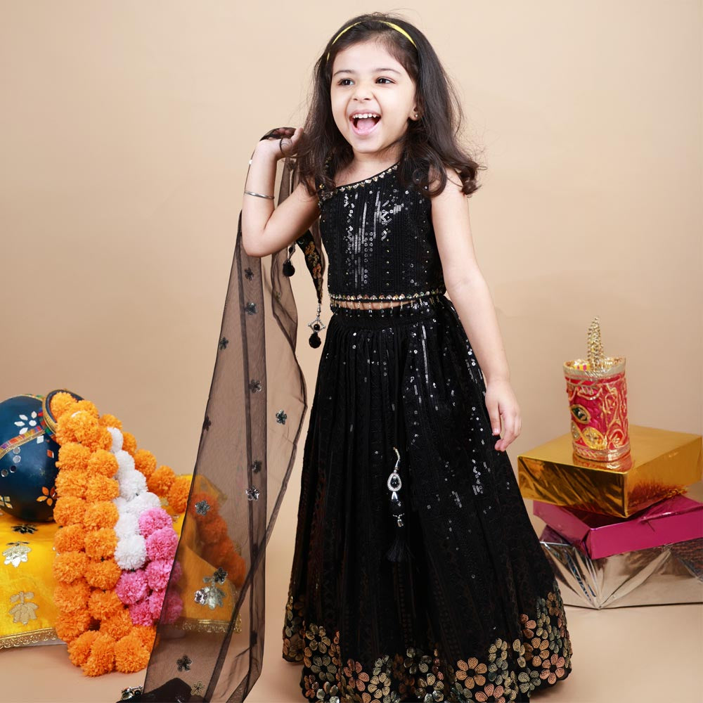 Black Sequins One Shoulder Choli With Lehenga & Dupatta