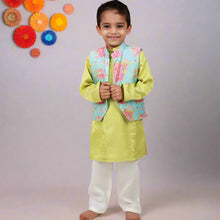 Load image into Gallery viewer, Blue Floral Printed Nehru Jacket With Green Kurta &amp; Pajama
