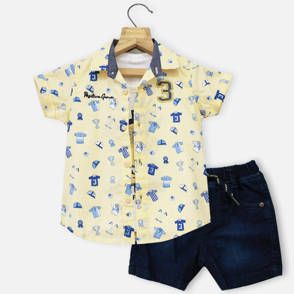 Yellow & Blue Shirt With T-Shirt & Denim Shorts