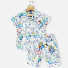 Load image into Gallery viewer, White Graphic Printed Half Sleeves Shirt With Shorts Co-Ord Set
