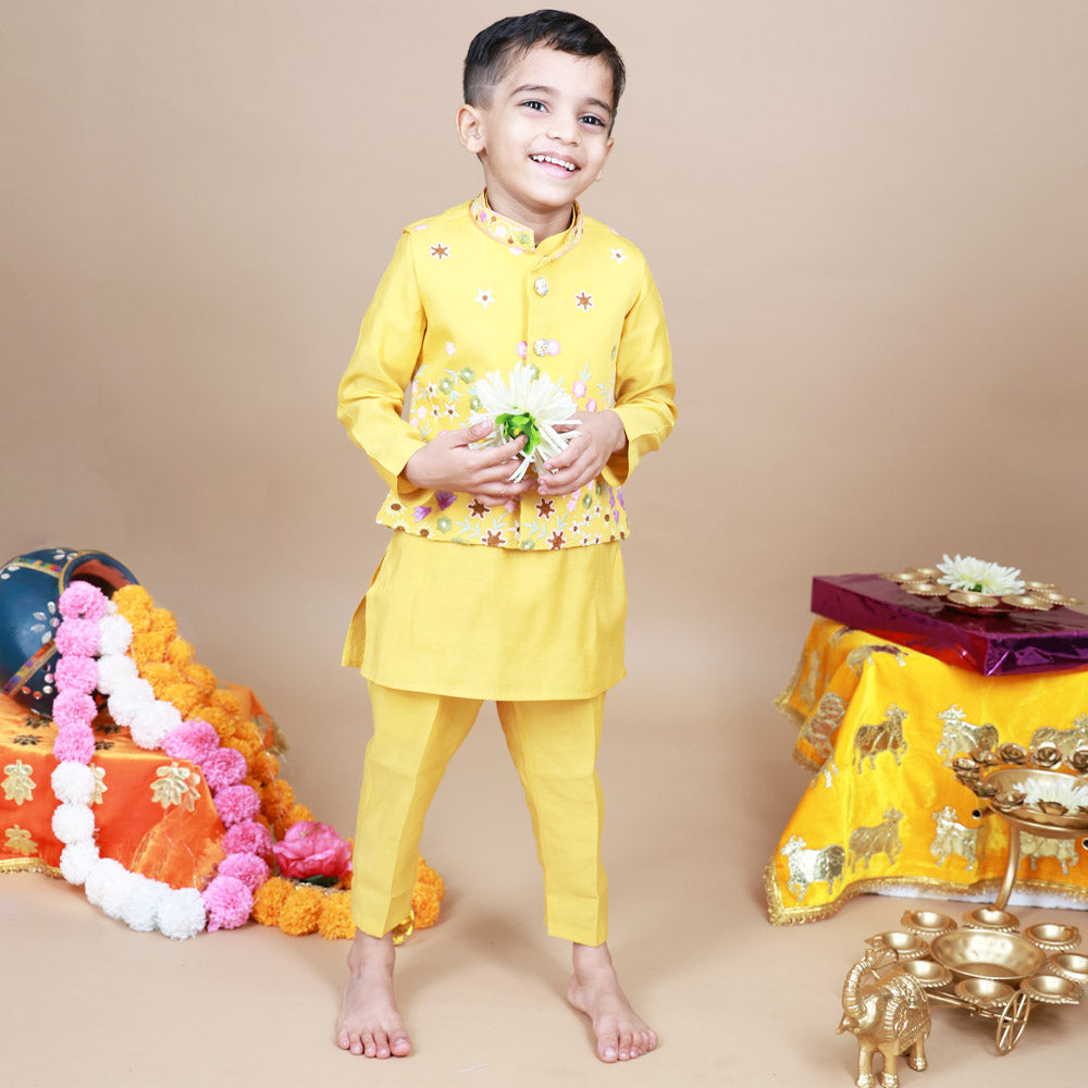 Yellow Floral Embroidered Nehru Jacket With Kurta & Pant