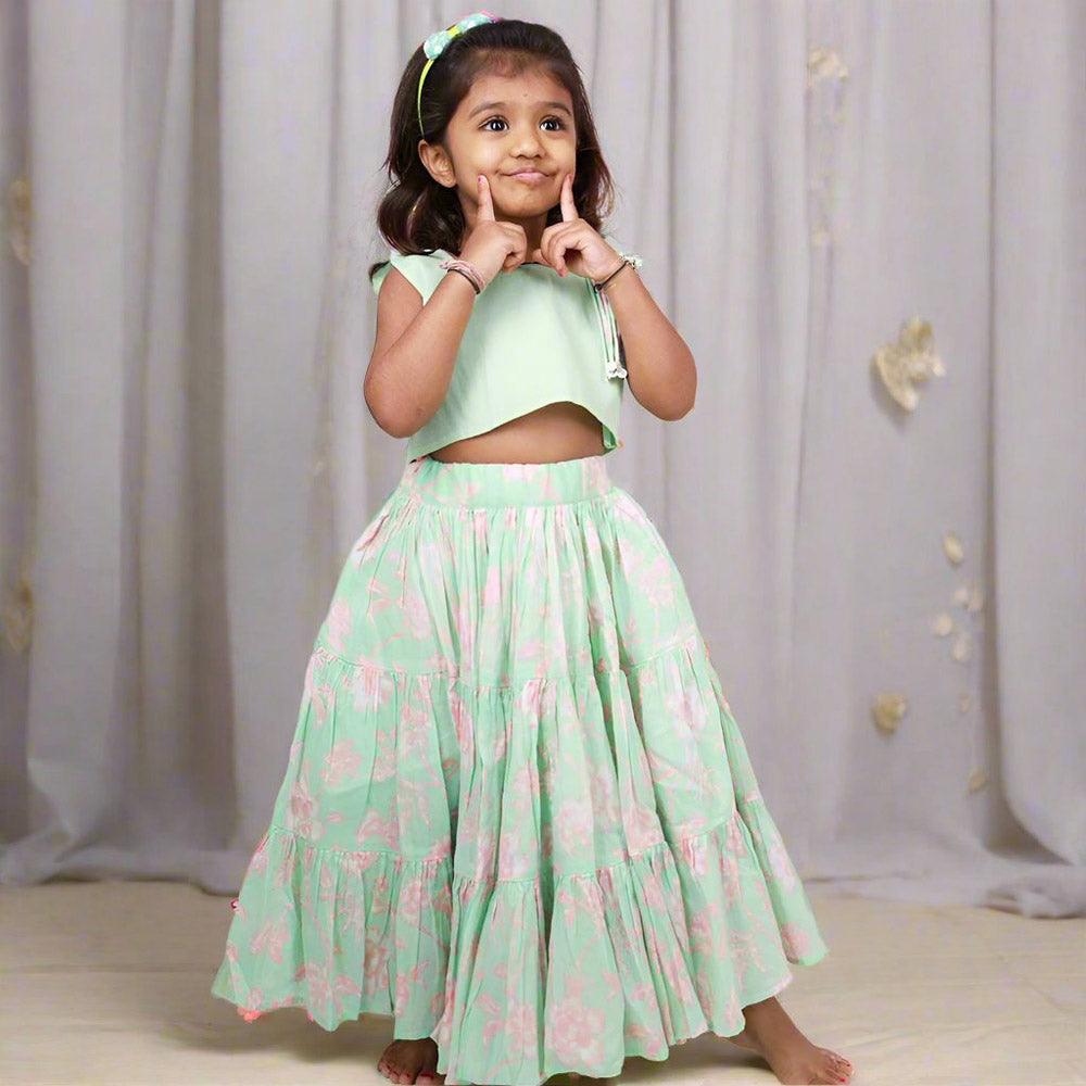 Green Top With Floral Tiered Ghagra