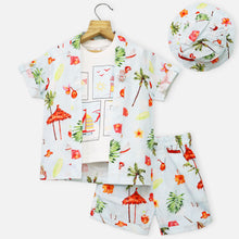 Load image into Gallery viewer, White Half Sleeves T-Shirt With Beach Theme Jacket &amp; Shorts Set With Cap
