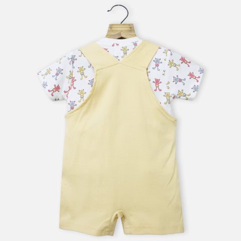 Yellow Dungree With White Teddy Bear Printed T-Shirt