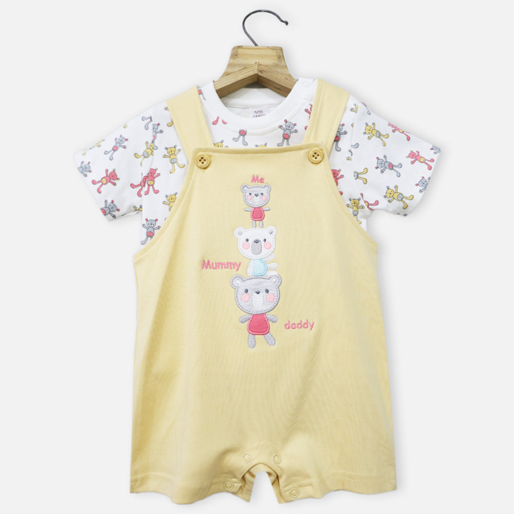 Yellow Dungree With White Teddy Bear Printed T-Shirt