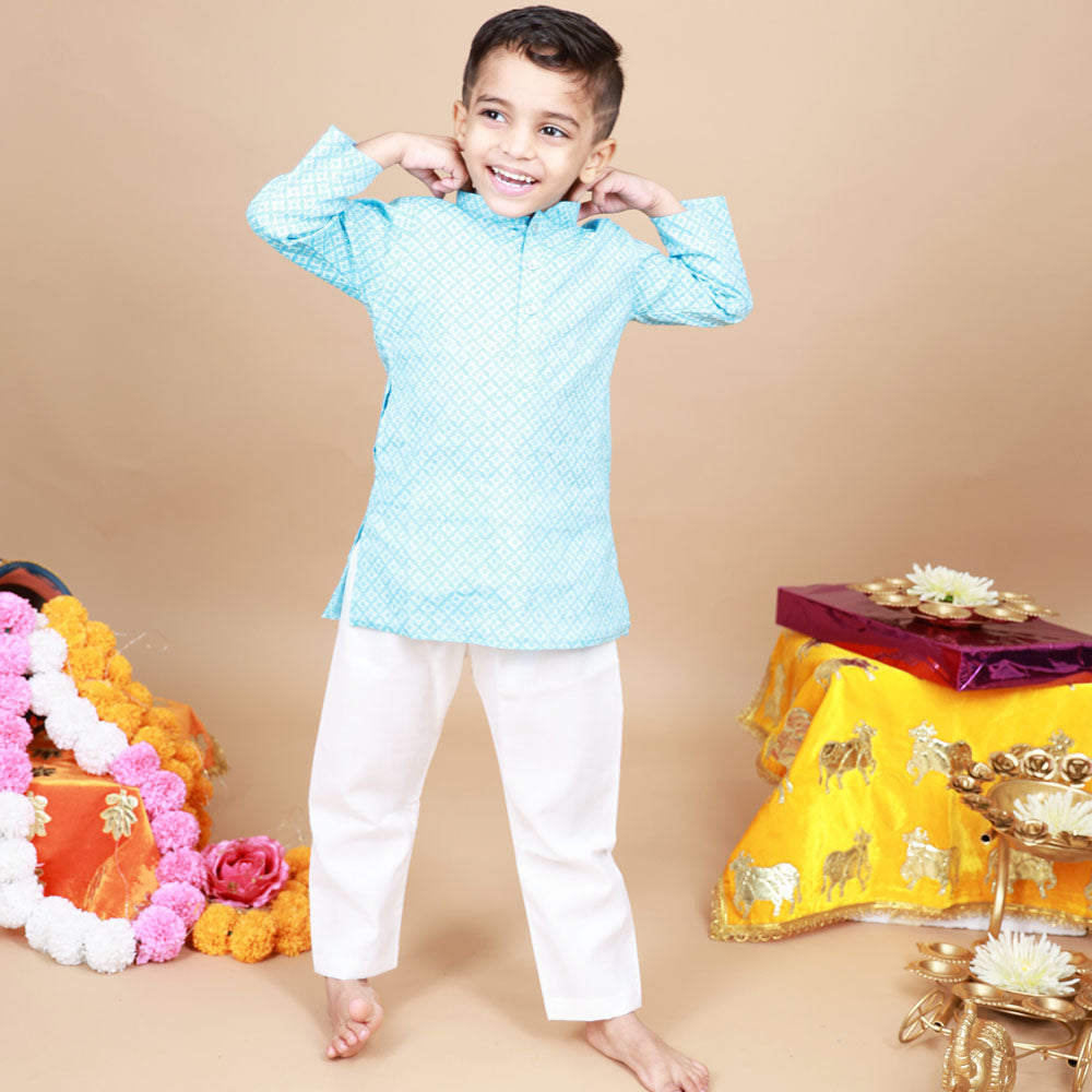 Blue Star Printed Kurta With Beige Pajama