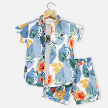 Load image into Gallery viewer, Blue Floral Printed Shirt With Half Sleeves T-Shirt &amp; Short Co-Ord Set
