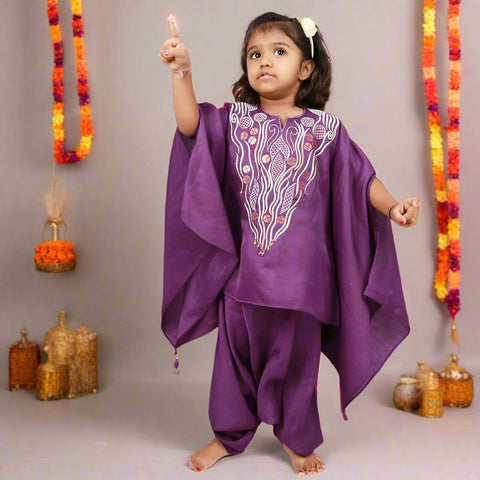 Purple Emnroidered Kaftan Top With Cowl Pant