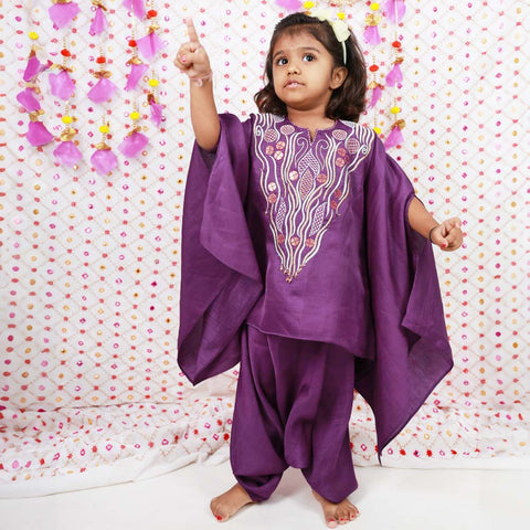 Purple Emnroidered Kaftan Top With Cowl Pant