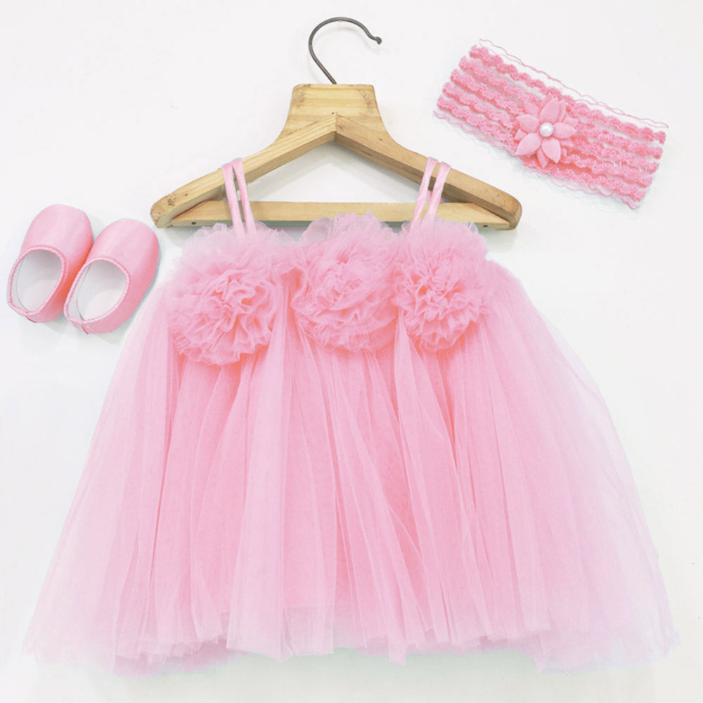 Pink Net Party Dress With Booties & Headband