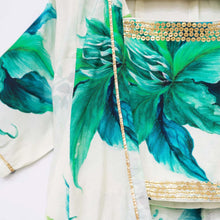 Load image into Gallery viewer, Ivory Tropical Crop Top With Flared Palazzo &amp; Shrug
