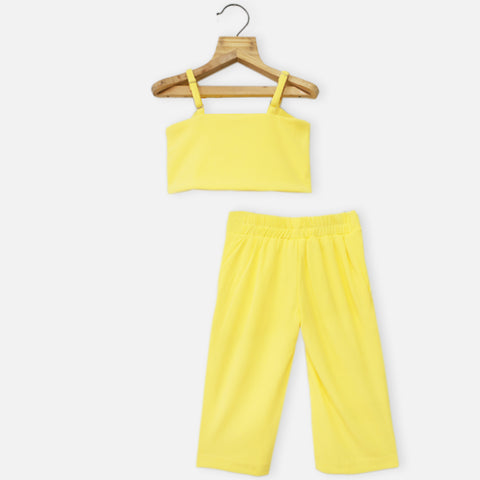 Yellow Flower Embellished Crop Top With Pant Co-Ord Set