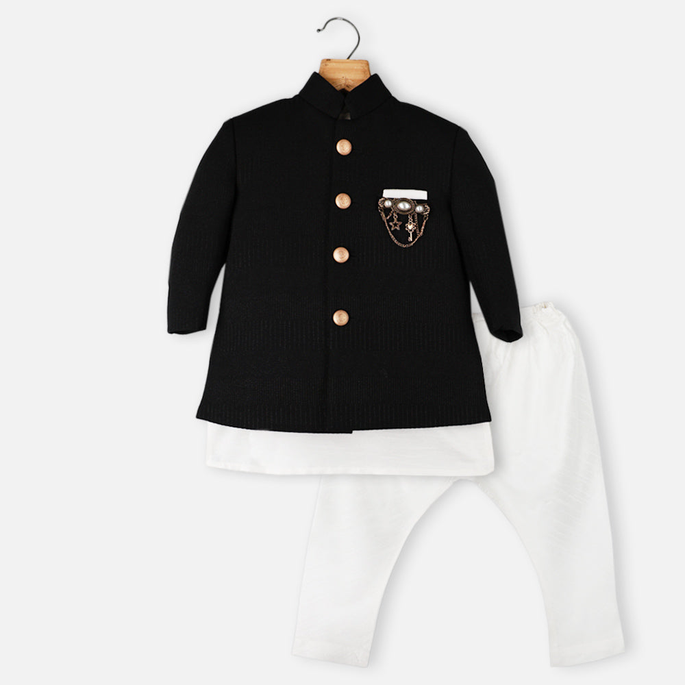Black Jacket With White Kurta & Pajama Indowestern Set